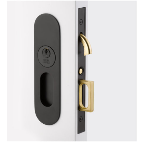 Emtek 2163 Narrow Modern Oval Keyed Pocket Door Mortise Lock Flat Black