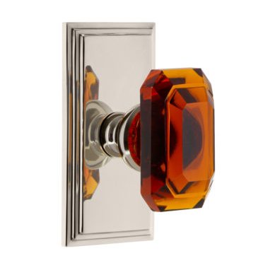 Grandeur Baguette Amber Crystal Door Knob Set with Carre Short Plate Polished Nickel