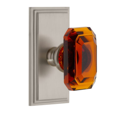 Grandeur Baguette Amber Crystal Door Knob Set with Carre Short Plate Satin Nickel