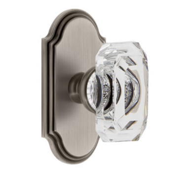 Grandeur Baguette Clear Crystal Door Knob Set with Arc Short Plate Antique Pewter