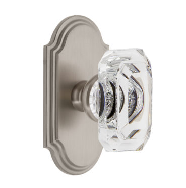 Grandeur Baguette Clear Crystal Door Knob Set with Arc Short Plate Satin Nickel