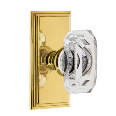 Grandeur Baguette Clear Crystal Door Knob Set with Carre Short Plate Polished Brass