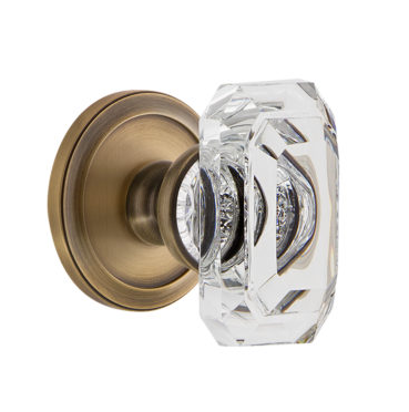 Grandeur Baguette Clear Crystal Door Knob Set with Circulaire Rose vintage Brass