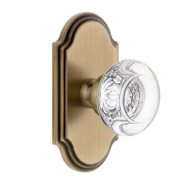 Grandeur Bordeaux Crystal Door Knob with Arc Short Plate Vintage Brass