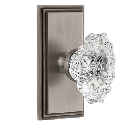 Grandeur Biarritz Crystal Door Knob Set with Carre Short Plate Antique Pewter