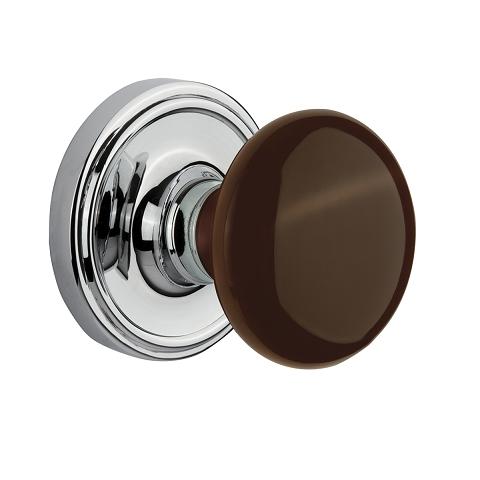 Nostalgic Warehouse Brown Porcelain Knob with Classic Rose Bright Chrome