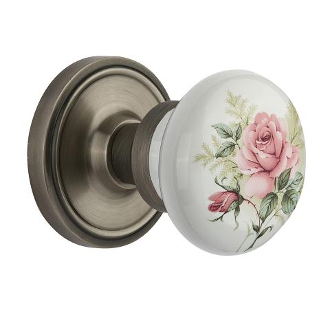 Nostalgic Warehouse Rose Porcelain Knob with Classic Rose Antique Pewter 