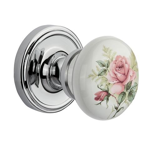 Nostalgic Warehouse Rose Porcelain Knob with Classic Rose Bright Chrome