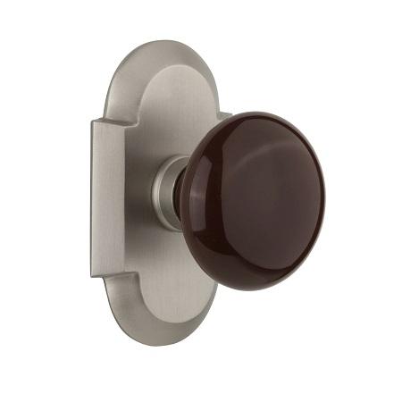 Nostalgic Warehouse Cottage Plate with Brown Porcelain Knob Satin Nickel 