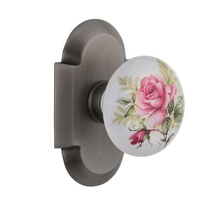 Nostalgic Warehouse Cottage Plate with Rose Porcelain Knob Antique Pewter 