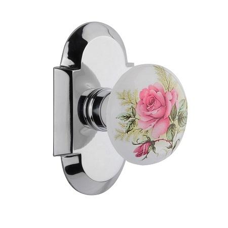 Nostalgic Warehouse Cottage Plate with Rose Porcelain Knob Bright Chrome 