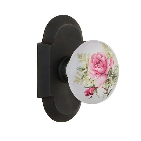 Nostalgic Warehouse Cottage Plate with Rose Porcelain Knob Oil Rubbed Bronze 