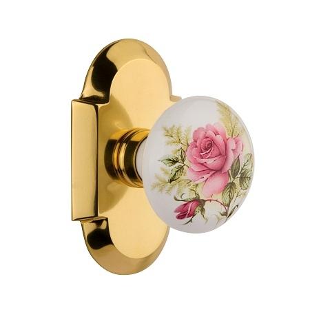 Nostalgic Warehouse Cottage Plate with Rose Porcelain Knob Polished Brass 