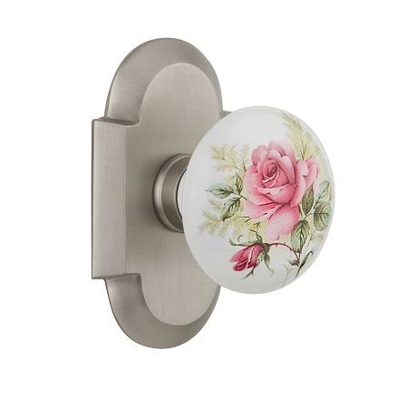 Nostalgic Warehouse Cottage Plate with Rose Porcelain Knob Satin Nickel