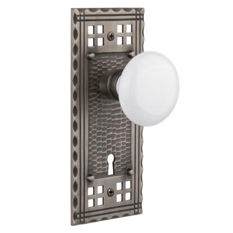 Nostalgic Warehouse Craftsman Backplate with White Porcelain Knob Satin Nickel 