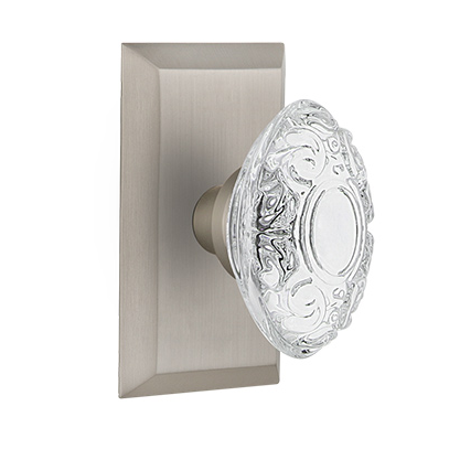 Nostalgic Warehouse Studio Plate with Crystal Victorian Knob Satin Nickel