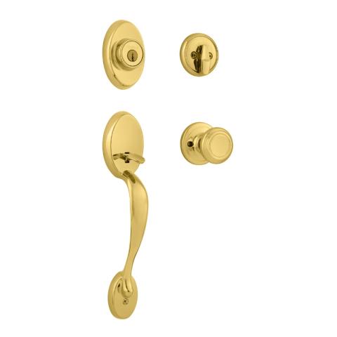 Kwikset Chelsea Handleset shown with Cameron Knob in Lifetime Polished Brass 