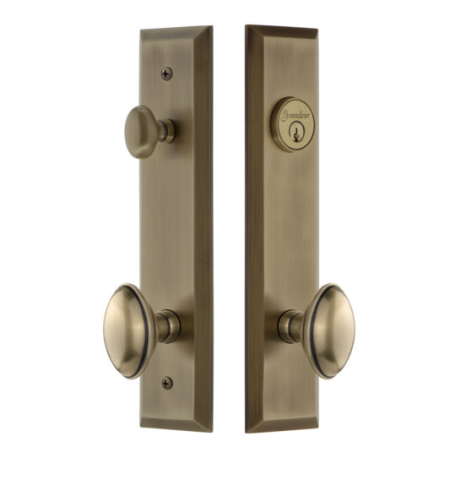 Grandeur Fifth Avenue Tall Plate Entrance Set with Choice of Knob or Lever Vintage Brass