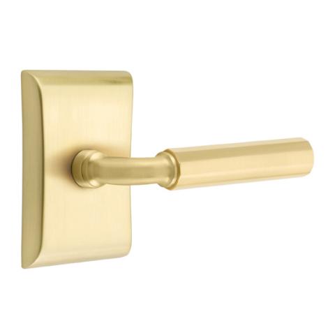 Emtek Select Faceted Door Lever Set with R-Bar Stem with Neos Rose Satin Brass