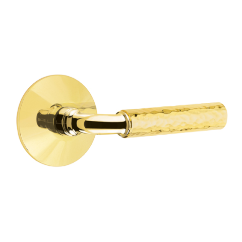 Emtek Select Hammered Door Lever Set with R-Bar Stem w/Modern Rose Unlacquered Brass