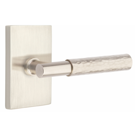 Emtek T-Bar Hammered Lever with Modern Rectangular Rose in Satin Nickel