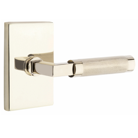 Emtek Select L-Square Knurled Door Lever with Modern Rectangular Rose in Polished Nickel