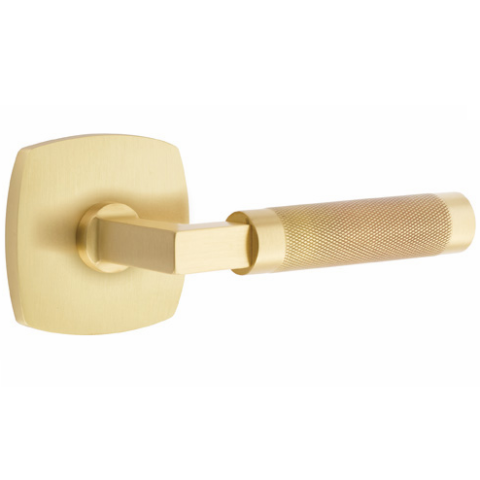 Emtek Select L-Square Knurled Door Lever with Urban Modern Rose in Satin Brass