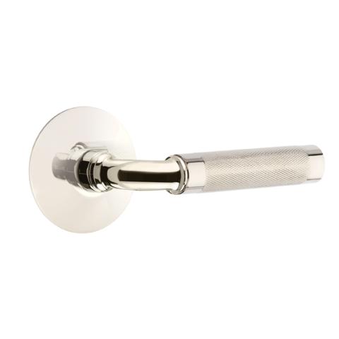 Emtek Select Knurled Door Lever Set with R-Bar Stem w/Modern Rose Polished Nickel