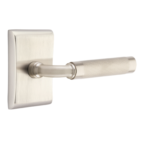 Emtek Select Knurled Door Lever Set with R-Bar Stem w/Modern Rectangular Satin Nickel