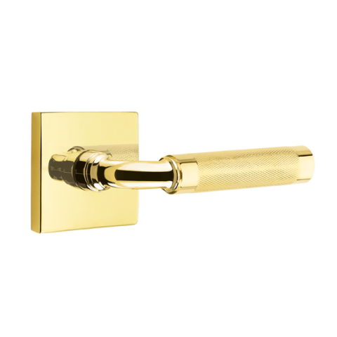 Emtek Select Knurled Door Lever Set with R-Bar Stem w/Square Rose Unlacquered Brass