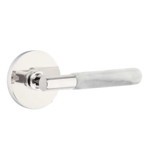 Emtek Select White Marble Modern Door Lever Set with T-Bar Stem Disk Rose in Polished Chrome