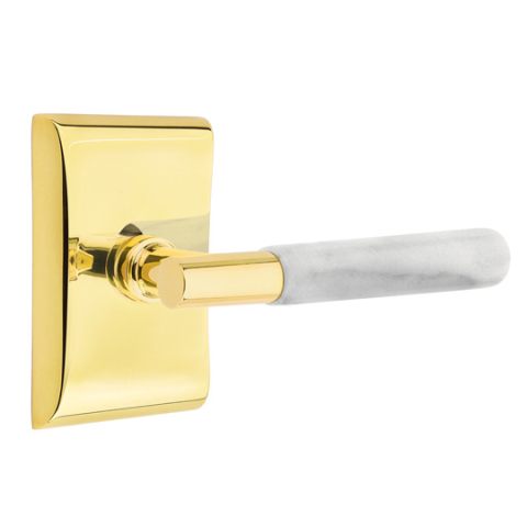 Emtek Select White Marble Modern Door Lever Set with T-Bar Stem Neos Rose Unlacquered Brass