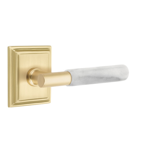 Emtek Select White Marble Modern Door Lever Set with T-Bar Stem w/Wilshire Rose Satin Brass