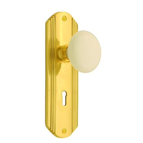 Nostalgic Warehouse Deco Backplate with White Porcelain knob PB Polished Brass 