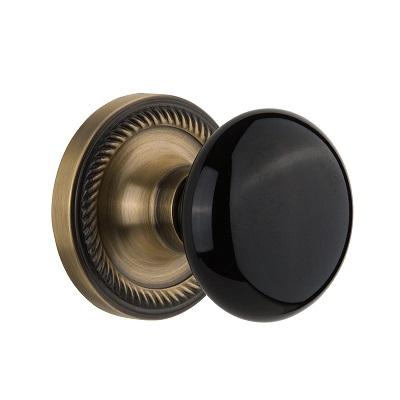 Nostalgic Warehouse Black Porcelain Knob with Rope Rose Antique Brass