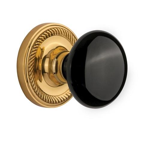 Nostalgic Warehouse Black Porcelain Knob with Rope Rose Polished Brass