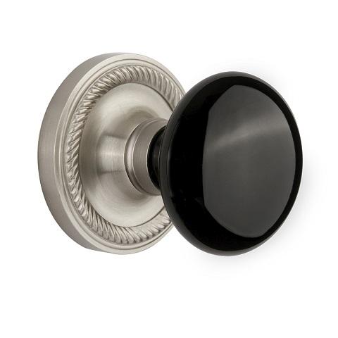 Nostalgic Warehouse Black Porcelain Knob with Rope Rose Satin Nickel 