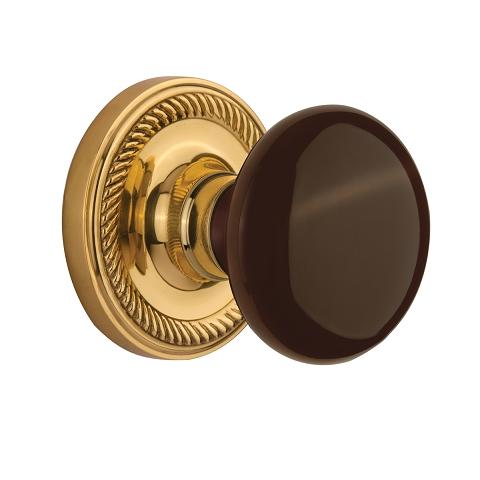 Nostalgic Warehouse Brown Porcelain Knob with Rope Rose Polished Brass 