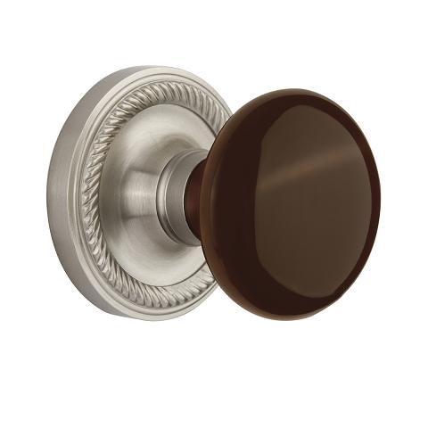 Nostalgic Warehouse Brown Porcelain Knob with Rope Rose Satin Nickel