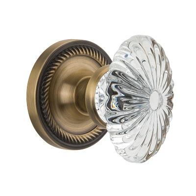 Nostalgic Warehouse Oval Fluted Crystal Knob with Rope Rose Antique Brass 