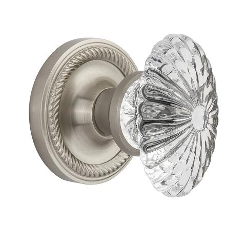 Nostalgic Warehouse Oval Fluted Crystal Knob with Rope Rose Satin Nickel 