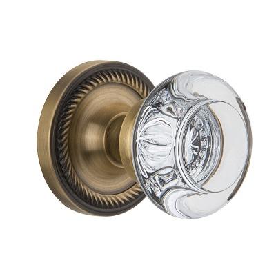 Nostalgic Warehouse Round Clear Crystal Knob Set with Rope Rose Antique Brass