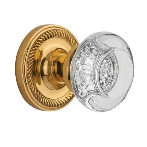 Nostalgic Warehouse Round Clear Crystal Knob Set with Rope Rose Polished Brass 