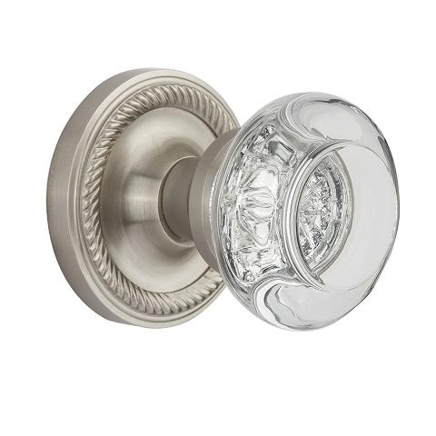 Nostalgic Warehouse Round Clear Crystal Knob Set with Rope Rose Satin Nickel 