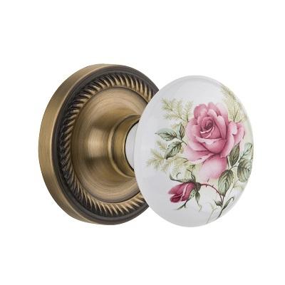 Nostalgic Warehouse Rose Porcelain Knob with Rope Rose Antique Brass 