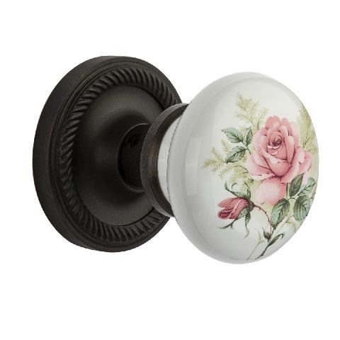 Nostalgic Warehouse Rose Porcelain Knob with Rope Rose Oil Rubbed Bronze 