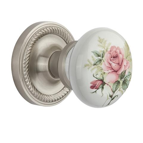 Nostalgic Warehouse Rose Porcelain Knob Privacy Mortise Rope Rose Satin Nickel 