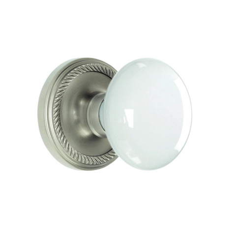 Nostalgic Warehouse Porcelain Knob Privacy Mortise with Rope Rose Satin Nickel