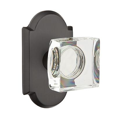 Emtek Bronze Modern Square Crystal Door Knob with #1 Rose Flat Black Patina 