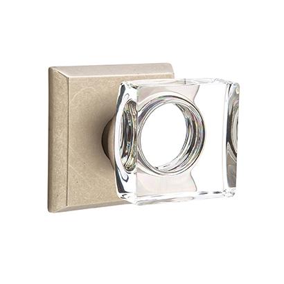 Emtek Bronze Modern Square Crystal Door Knob with #6 Rose Tumbled White Bronze